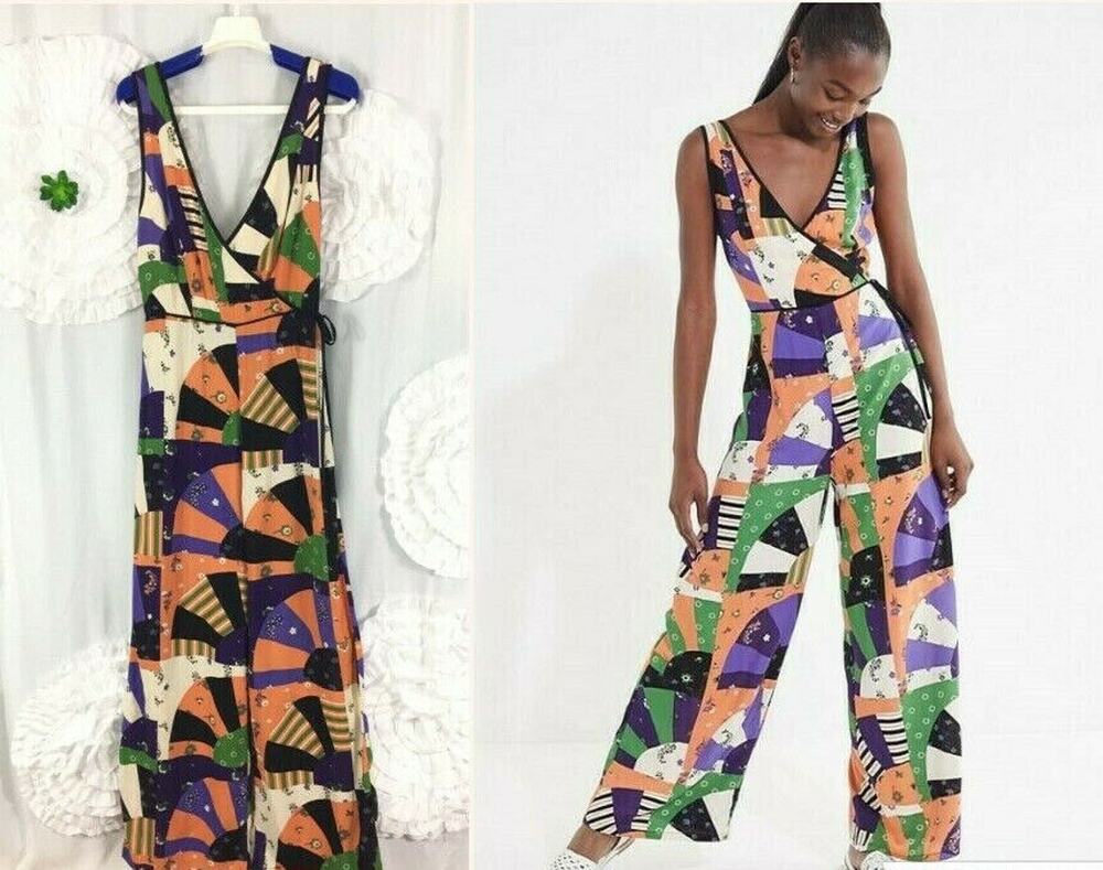 Urban Outfitters Bold Patchwork Jumpsuit Crossover Deep V Size 4 Orange Black